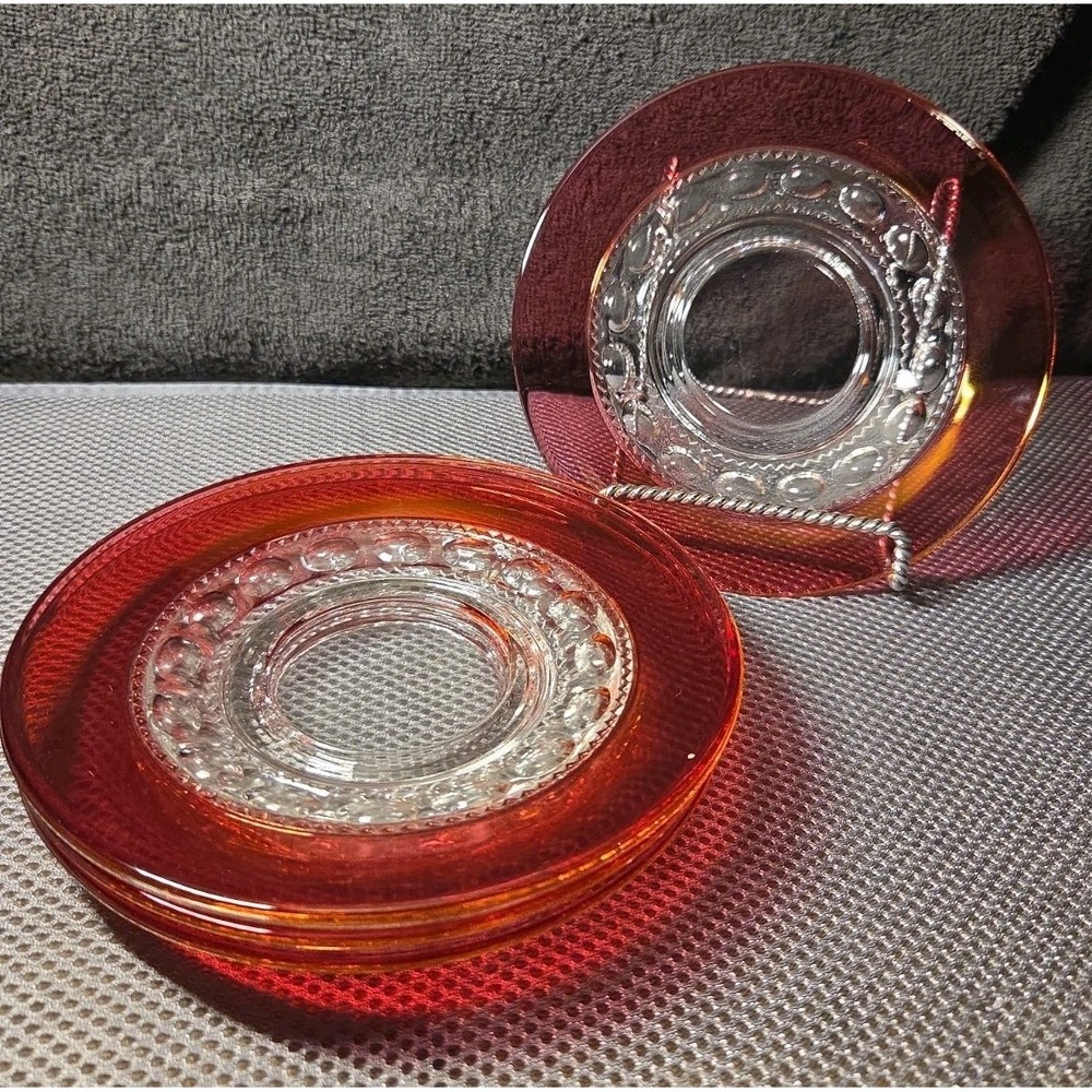 Set Of 4 Vintage Indiana Glass Kings Crown Ruby Red Thumbprint Desert Plate 6 In